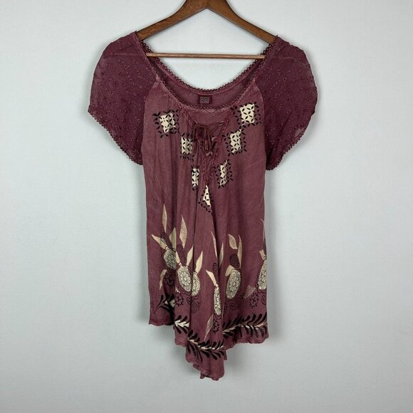 Jackpot‎ Tunic Top Womens OS One Size Fits Most Embroidered Lace Up Sheer Floral - Picture 1 of 14